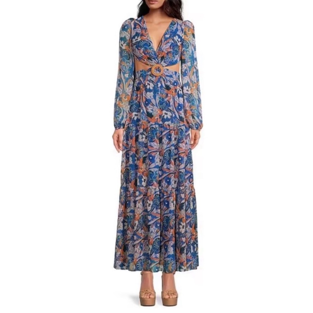 New Gianni Bini Lillian Floral Print Long Sleeve Maxi Dress with Cutouts Size 12